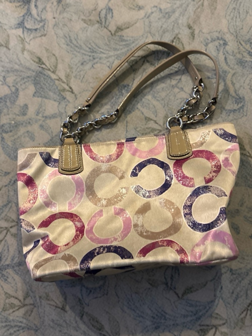 Coach Cream Shoulder Bag with Pink, Purple and Tan Circle Print